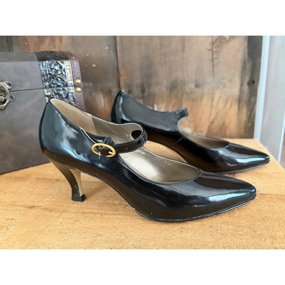 Vintage Dolcis London Maggie Black Patent Mary Jane Heels Pumps Leather 6.5M